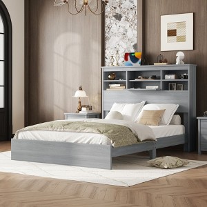 NicBex Queen Vintage Wood Platform Bed Frame with Storage Headboard and Charging Station,No Box Spring Needed,White/Walnut/Gray - 1 of 4