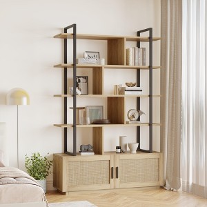 Rattan Bookshelf 71.1" Tall Industrial Bookcase with  5 Open Display Shelves and Metal Frame for Living Room, Modern Home Storage Solution - 1 of 4