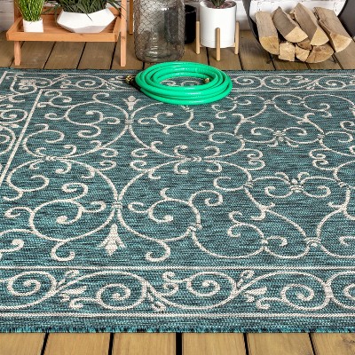 Teal & Gray Vintage Boho-Chic Filigree 9'x12' Indoor/Outdoor Rug