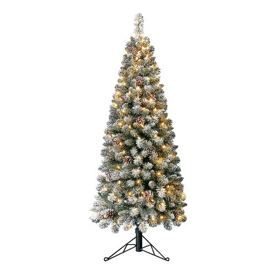 Home Heritage Corner 5 Foot Flocked Pine Artificial Christmas Tree With Warm White LED Lights and Pinecones