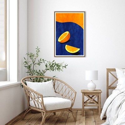 Large Orange and Blue Abstract Citrus Canvas Art with Beaded Frame