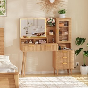 Makeup Vanity Desk with HD Lighted Mirror, Solid Wood Legs, and Power Outlet - Modern Fluted Design with Storage Shelf for Bedroom or Dressing Room - 1 of 4