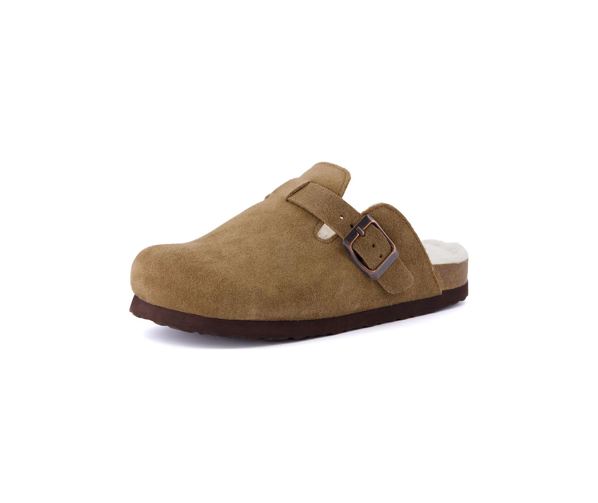 CUSHIONAIRE Kid's Hana Cork footbed clog with Genuine Leather upper, Faux Fur lining, and +Comfort