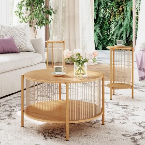 Brafab Natural Fiber Rope 3-Piece Coffee Table Set,Round Wooden Rattan Coffee Table and Two End Side Table for Home Offic - 1 of 4