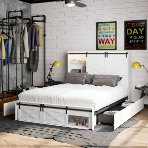 Famapy Modern Queen Bed Frame with Storage Drawers LED Headboard & Power Outlets White Wood Platform Bed for Bedroom - 1 of 4