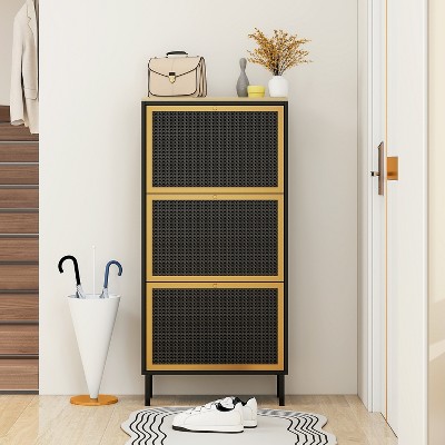 TIRAMISUBEST 3 Metal Door Shoe Rack, Freestanding Modern Shoe Storage Cabinet, Metal rattan, for Entryway