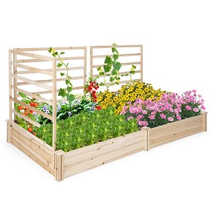 Costway Raised Garden Bed with 3 Trellises with Divided Compartments for Flowers Natural - 1 of 4