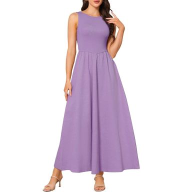 INSPIRE CHIC Women's Sleeveless Patchwork Crew Neck Stretchy Casual A-Line Maxi Dresses X-Large Purple