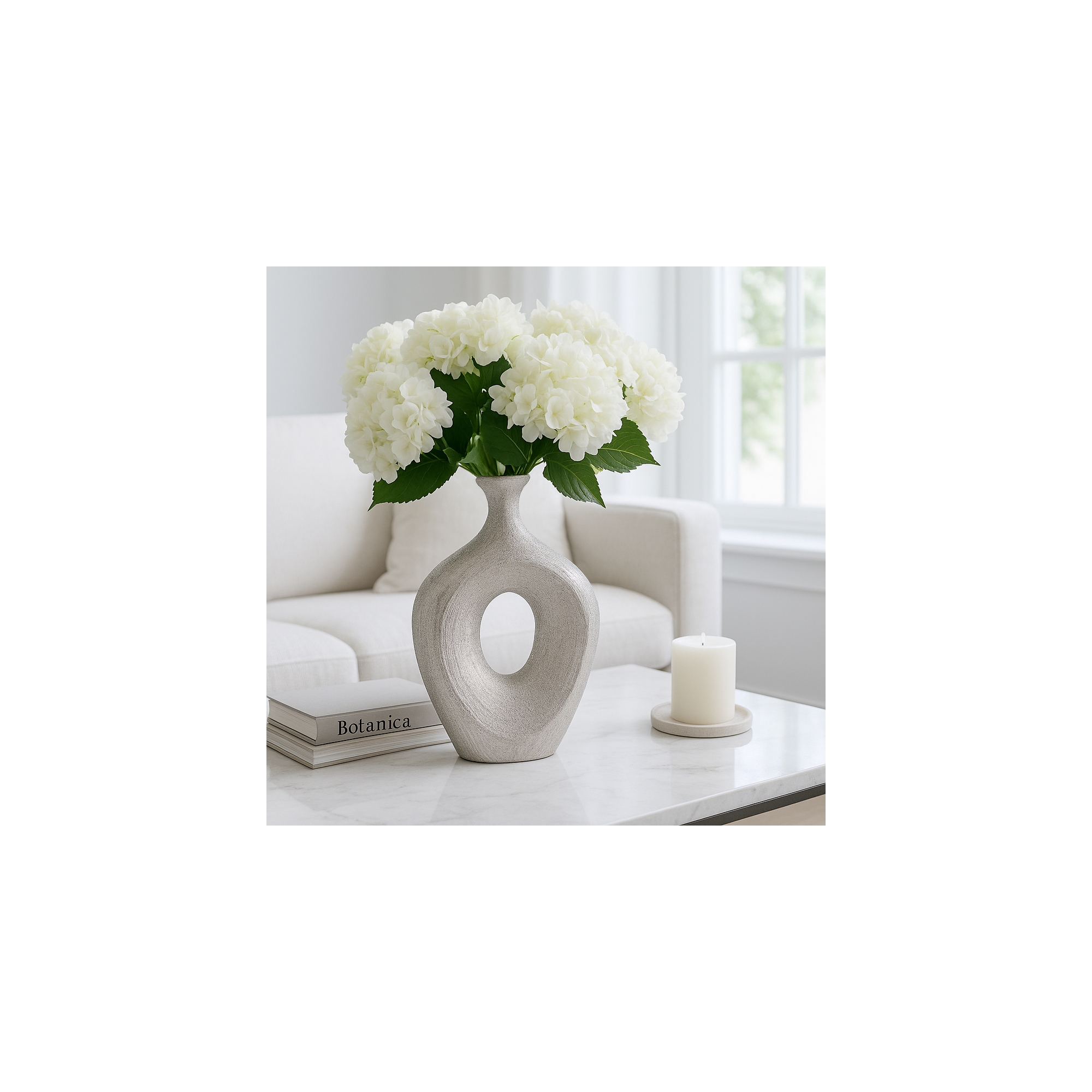 Ceramic Oval Cut-Out Vase for Home Decor - Flower Vase with Hollow Center for House, Table, & Bedroom Decor - 13" Silver