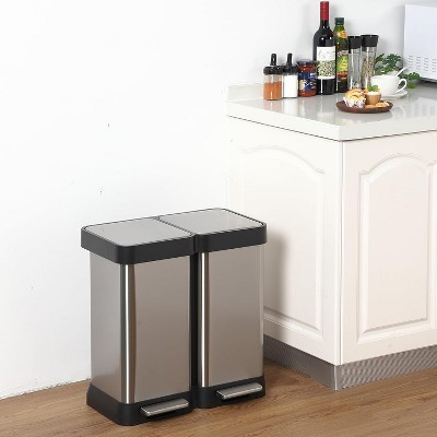 Dual Compartment Trash Can, Stainless Steel Garbage Can with 2 Separate Soft-Close Lids for Kitchen Office Bathroom, Without Inner Bucket