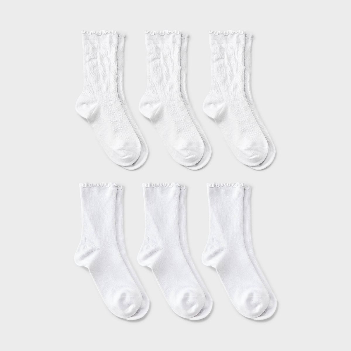 Girls' 6pk Pointelle Lettuce Edge Crew Dress Socks - Cat & Jack™ Bright White