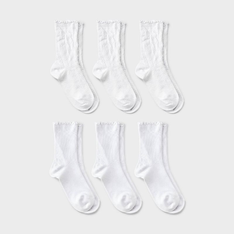 Girls' 6pk Pointelle Lettuce Edge Crew Dress Socks - Cat & Jack™ Bright White S