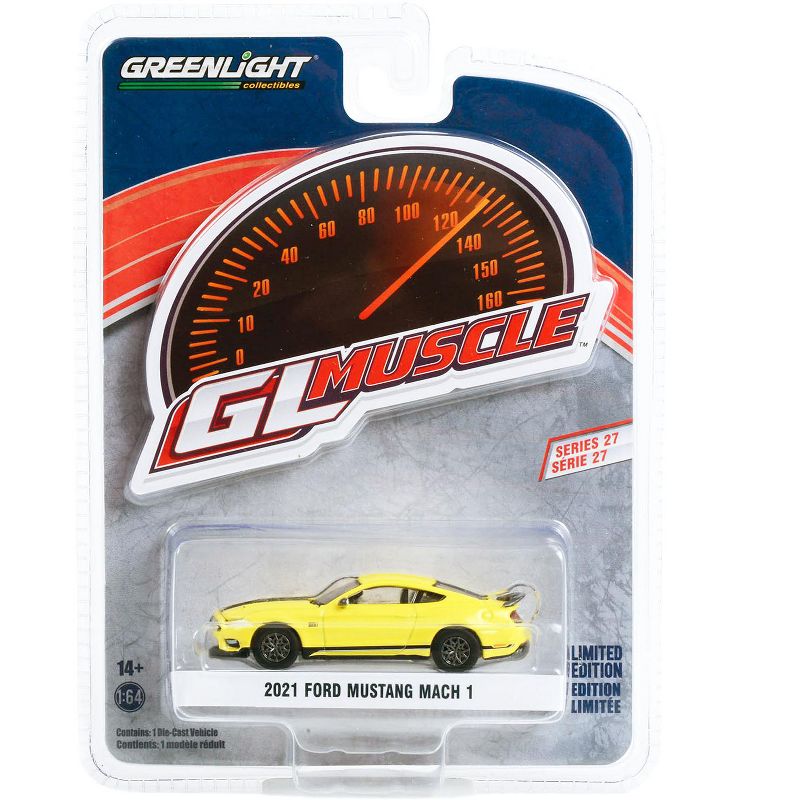 2021 Ford Mustang Mach 1 Grabber Yellow with Black Stripes "Greenlight Muscle" Series 27 1/64 Diecast Model Car by Greenlight, 3 of 4
