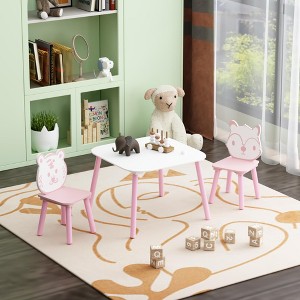 ModernLuxe 3PCS Kid Table and Chair Set, Wooden Toddler Desk with Animal Backrest Chairs, Wooden Children Activity Play Table Set, Pink+White - 1 of 4