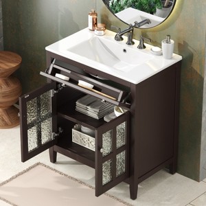 KWPZQEB 30" Bathroom Vanity with Ceramic Basin, Vanity Sink Cabinet with Tip-Out Tray & Adjustable Shelf, Modern Bathroom Storage Cabinet - 1 of 4