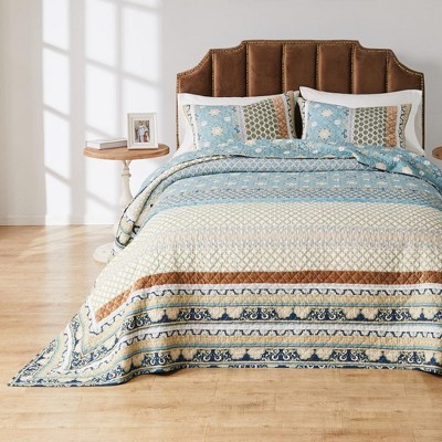 Thalia Blue and Brown Cotton King Reversible Bedspread Set