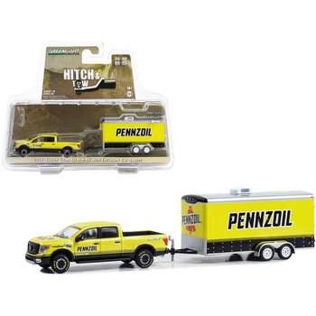 2018 Nissan Titan XD Pro-4X Truck Yellow with Enclosed Car Hauler "Pennzoil" "Hitch & Tow" 1/64 Diecast Model Car by Greenlight