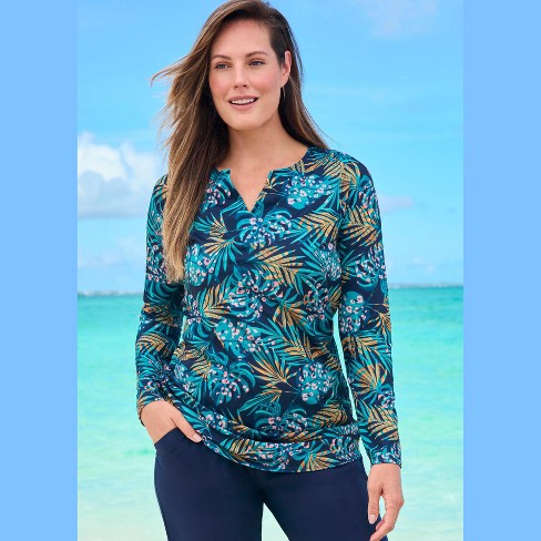 Plus Size Women's Split-Neck Long Sleeve Swim Tee with Built-In