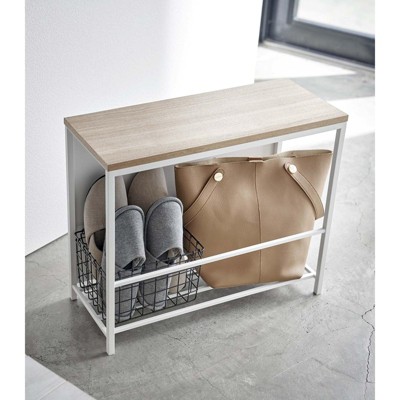 Black Steel and Wood Entryway Storage Bench with Concealed Storage