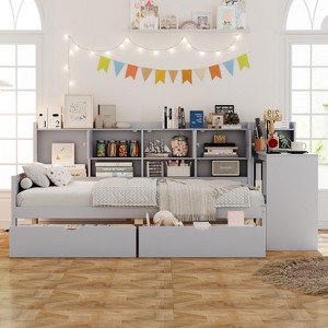 KTMBDW Twin/Full Size L-Shape Bed Frame with 2 Drawers,Wood Platform Corner Bed Frame with Storage Cabinets and Study Desk, Daybed for Teen - 1 of 4