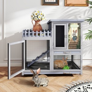 Sandinrayli Rabbit Hutch on Wheels, 2-Level Wooden Bunny Cage Small ...