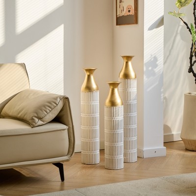 DOMETOUR Set of 3 Floor Metal Vases Decorated White Metal Vases Gorgeous Home Decoration Large Glazed Metal Vases 24in/28.7in/33.5in Height