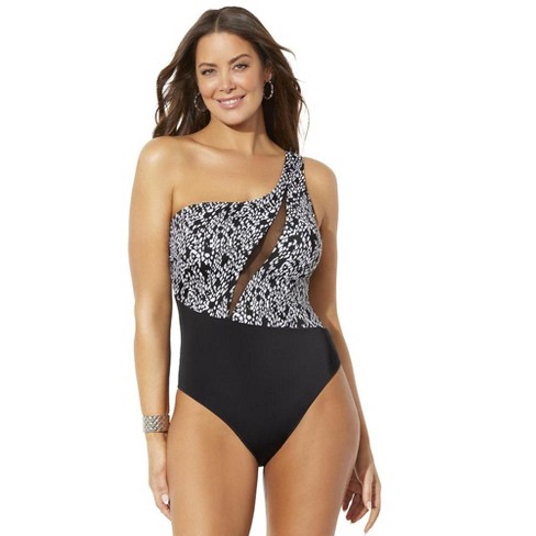 Swimsuits For All Women's Plus Size One Shoulder Mesh One Piece Swimsuit,  26 - Black White Dot : Target