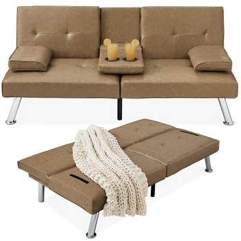 Best Choice Products Modern Faux Leather Convertible Futon Sofa w/ Removable Armrests, 2 Cupholders