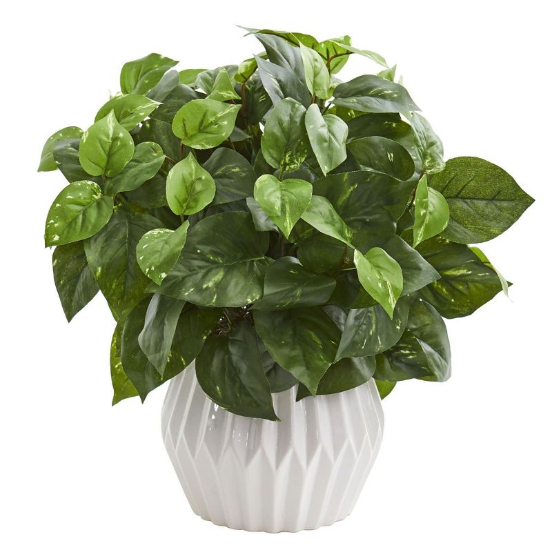 Nearly Natural 16-in Pothos Artificial Plant in White Ceramic Vase, 1 of 2