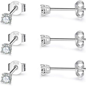 3 Pairs Sterling Silver Stud Earrings: 3mm Ball, Round CZ & Pearl Set for Cartilage & Tragus - 1 of 4