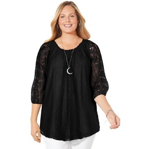 Catherines Women's Plus Size Stretch Lace Peasant Blouse - 1 of 4