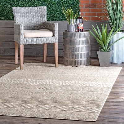 Beige Bohemian Striped Easy-Care Indoor/Outdoor Area Rug