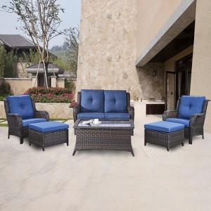 POCASSY 6 Piece Patio Furniture Set, All Weather Wicker Rattan Patio Lovseat Sofa Set with Wicker Patio Chair, Coffee Table and Ottoman - 1 of 4
