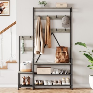 Parent-Child Coat Rack Shoe Bench Industrial Hall Tree with Bench and Shoe Storage Coat Tree Entryway Large Organizer with storage Cubbies, Hooks - 1 of 4