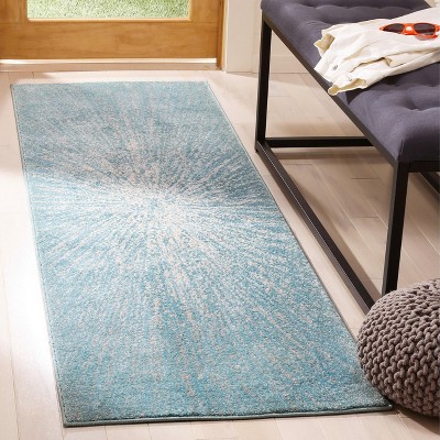 Ivory and Aqua Easy-Care Synthetic Runner Rug, 2'2" x 9'