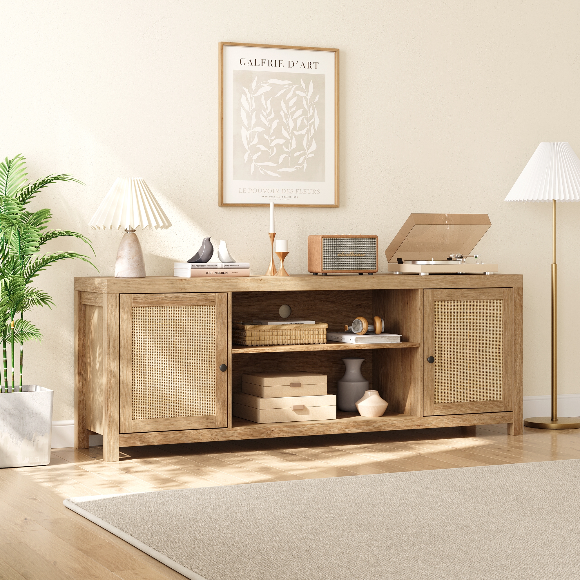 COZONY Boho TV Stand with 2 Rattan Doors for 65/75 inch TVs, 58/66 inch Media Console
