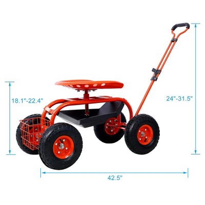 Red Adjustable Steel Rolling Garden Cart with Seat and Storage