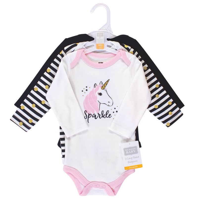Hudson Baby Infant Girl Cotton Long-Sleeve Bodysuits 3pk, Sparkle Unicorn, 3 of 4