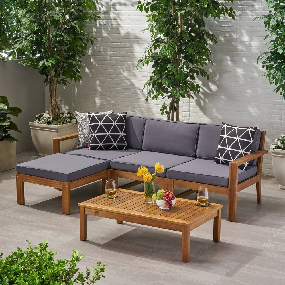 Santa Ana 5pc Acacia Wood Sofa Sectional Set Teak Dark Gray Christopher Knight Home