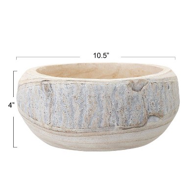 Hand-Carved Whitewashed Paulownia Wood Decorative Bowl