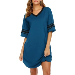 Ekouaer Womens Nightgown Cotton Sleepwear Short Sleeve Sleep Shirt V Neck Color Block Nightshirt - 1 of 4