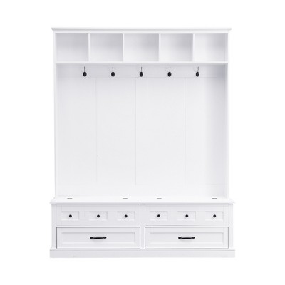 Vynxaria 5 Hook White Spacious Freestanding 3 in 1 Coat Rack with Storage Stool, 2 Drawers, Multiple Cubes, for Entrance Porch