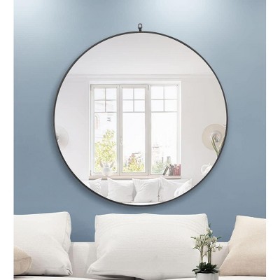 Contemporary Black Round Wood and Metal Wall Mirror, 42 Inch