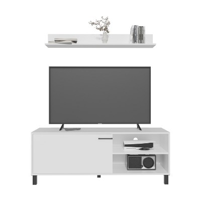 Vynxaria Modern Living Room Set, TV Stand + Wall Shelf, White, 1 Door, 3 Shelves