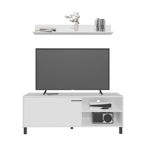 Vynxaria Modern Living Room Set, TV Stand + Wall Shelf, White, 1 Door, 3 Shelves - 1 of 4