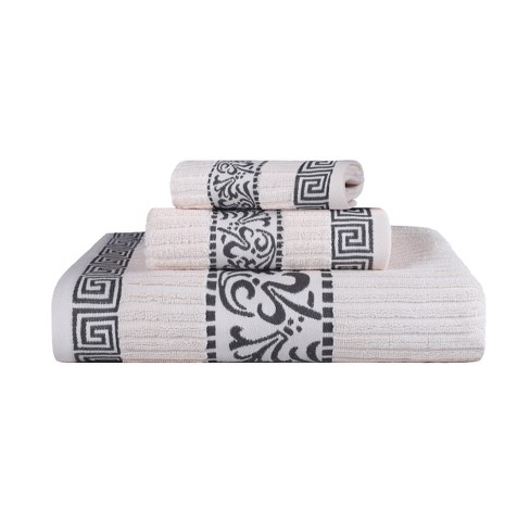 100% Cotton Medium Weight Floral Border Infinity Trim 3 Piece Assorted  Bathroom Towel Set, Ivory-Navy - Blue Nile Mills