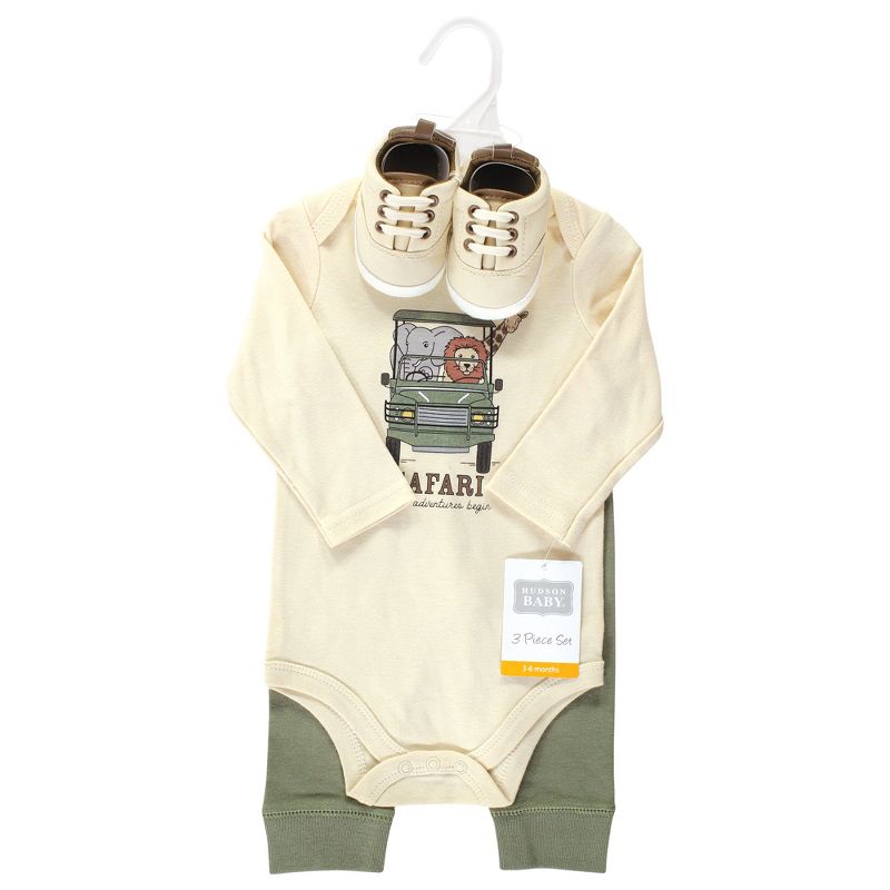 Hudson Baby Infant Boy Cotton Bodysuit, Pant and Shoe Set, Going On Safari Long Sleeve, 2 of 6