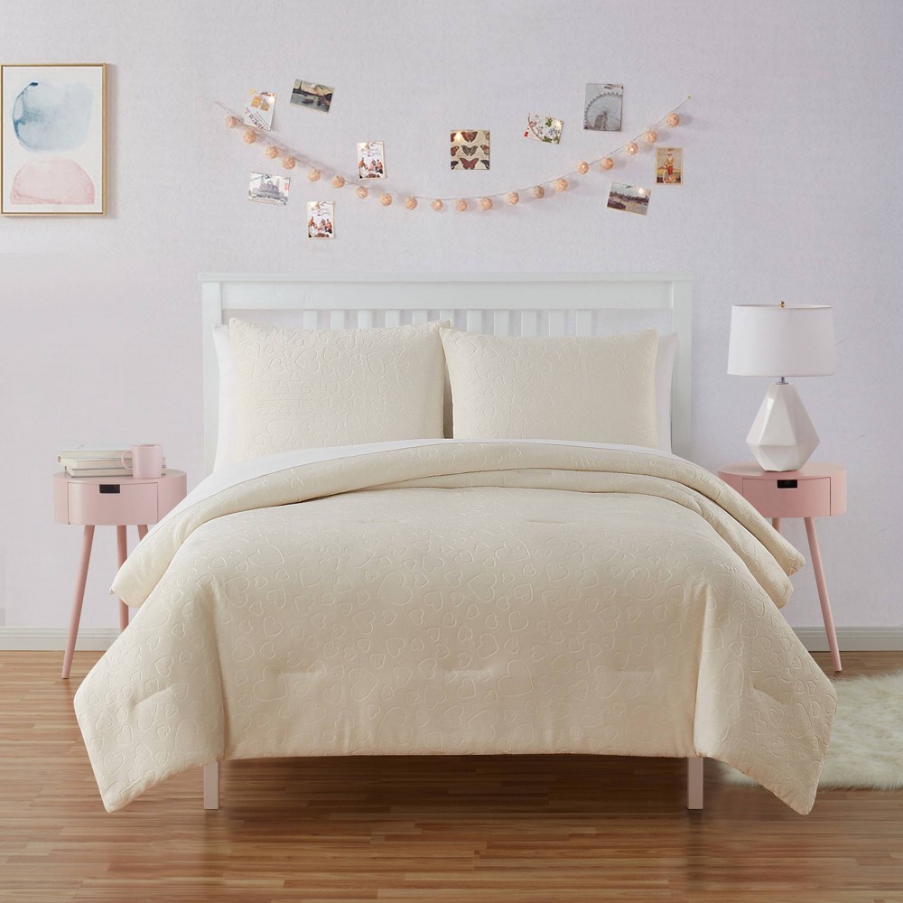 Photos - Duvet Twin Plush Embossed Hearts Kids' Comforter Set White - Olivia & Finn