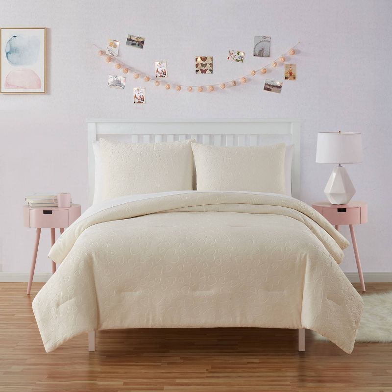 Plush Embossed Hearts Kids' Comforter Set White - Olivia & Finn, 1 of 9