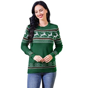 Women's Christmas Reindeer Pattern Crew Neck Sweater - Long Sleeve Festive Knit Jumper - 1 of 4